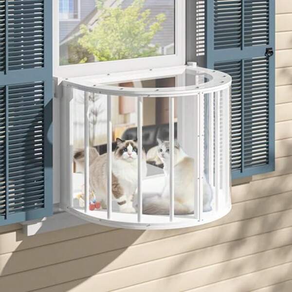 Cat Window Box, Semicircular Adjustable Cat Window Perch, Wooden Window Catio Fits Vertical Window Frames 26" To 42" Wide, Sunbathing, Napping And Overlooking