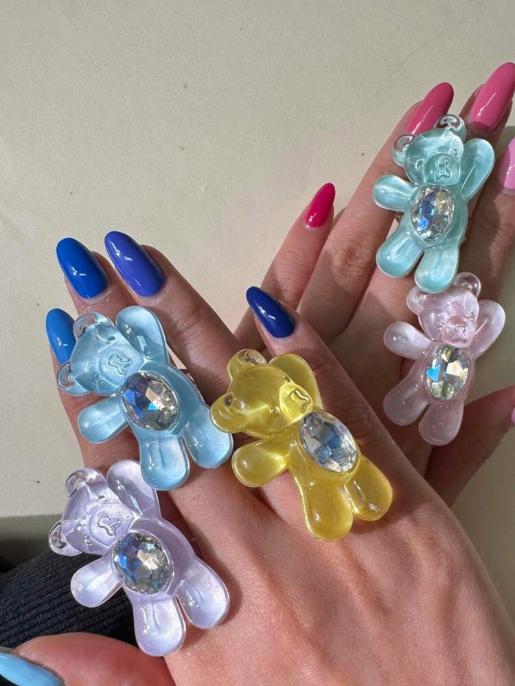 Colorful Asymmetrical Rhinestone Bear Resin Ring, Exaggerated Oversized Candy Color Transparent Bubble Resin Ring, Fashionable Personality Spring Party Jewelry, Y2K Millennium Style Accessory - Multicolor - View 4