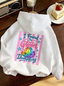 Tween Girls Glitter Dumpling Graphic Hoodie, Cute Rainbow Cartoon Print Long Sleeve Pullover Sweatshirt For Daily Casual - White - View 1