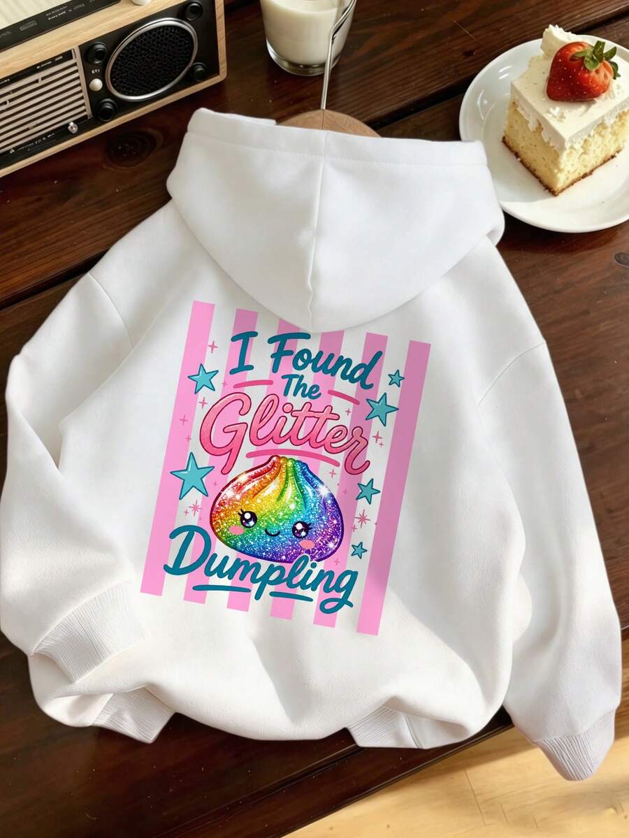 Tween Girls Glitter Dumpling Graphic Hoodie, Cute Rainbow Cartoon Print Long Sleeve Pullover Sweatshirt For Daily Casual - White - View 1