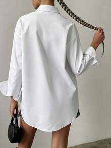 Women's Plus Size White Button-Down Shirt, Turn-Down Collar, Long Sleeve With Rolled Cuffs, Loose Fit, Casual Commute Basic Daily Top - White - View 3