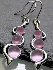 1 Pair New Bohemian Creative Curved Wave Inlaid Aquamarine Cat's Eye Stone Exquisite Earrings - Pink - View 4