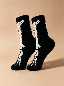 4 Pairs Halloween Themed Mid-Calf Socks, Pumpkin, Skeleton, Ghost, Skull, Black Cat Student Socks, Casual Mid-Calf Socks, Unisex For Party And Daily Wear - Black - View 6