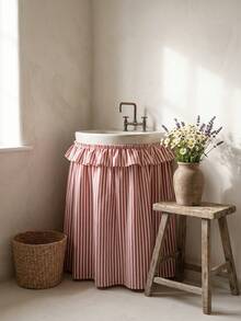 1pc Red And White Thin Striped Sink Skirt, Rustic Country Style Fabric Material, Rectangular Top With Ruffle Edge And Gathered Hem Detail, Covers Sink Underside Space And Decorative Beautification Function, Kitchen Sink Cover Curtain Suitable For Farmhouse Kitchen And Home Decor Scenes - Red - View 6