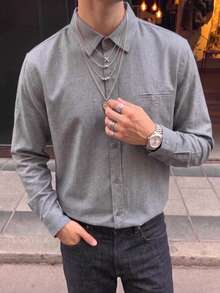 ANDREILEE 男士中性 Polo 領長袖襯衫 街頭休閒通勤 純色寬鬆上衣 春秋款 - 灰色 - 查看 2