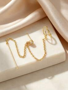 1pc Inlaid Cubic Zirconia Chain Delicate Earrings, Suitable For Women's Daily Wear, Dating, And Party - Yellow Gold - View 6
