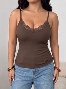 Plus Size Lace Trim V-Neck Sleep Camisole Fall Winter Essentials Lightweight Adjustable Straps Soft Lounge Sleepwear Tops - Brown - View 1