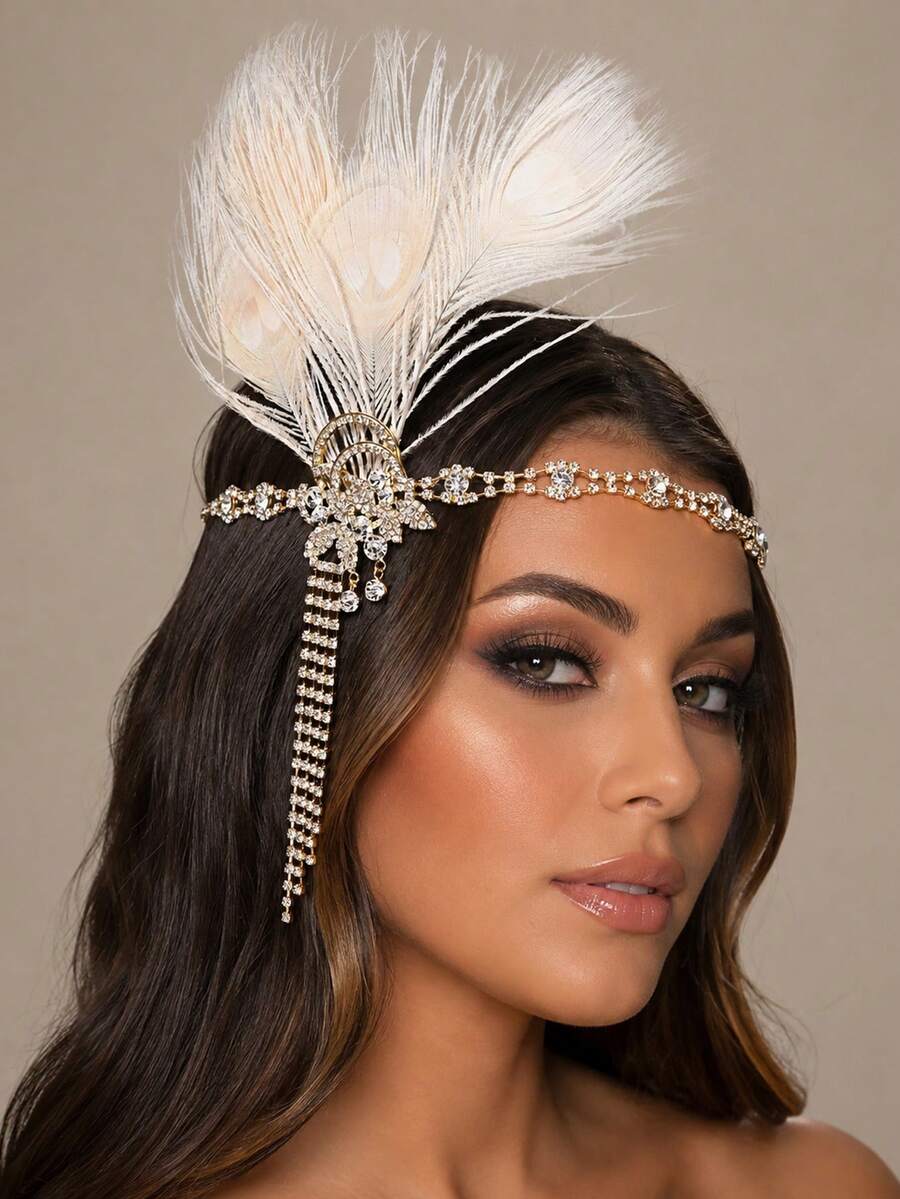 STONEFANS 1pc 1920s Feather Headband Party Accessory For Women With Rhinestone Tassel - Multicolor - View 1