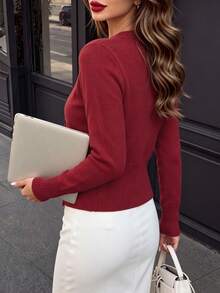 DONICY Women's Fall Winter Vintage Wine Red Round Neck Knit Sweater Cardigan, Long Sleeve Button Front Slim Fit Cropped Top, Commuting - Red - View 2
