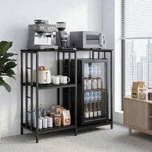 4-Tier Baker's Rack With Mini Fridge Stand - Coffee Bar & Microwave Stand - Heavy-Duty Metal & Wood Kitchen Storage Shelf, Freestanding Kitchen Station - Black - View 7