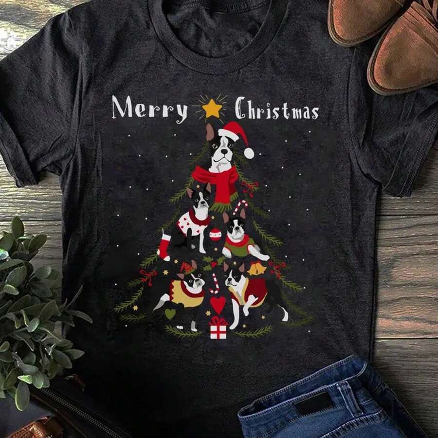 Boston Terrier Christmas Tree T-Shirt: Dog Lover Gift - 黑色 - 查看 1