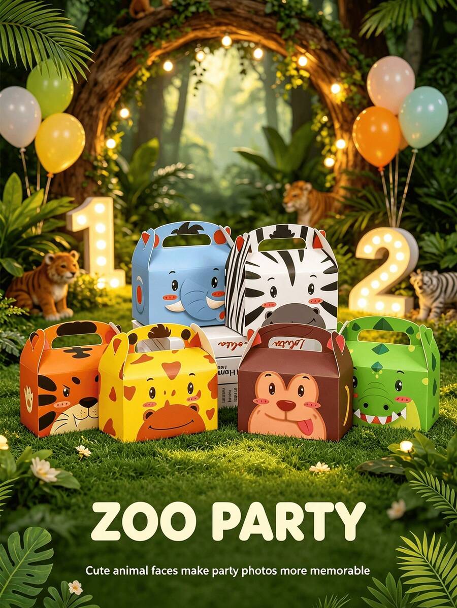 12pcs Zoo Theme Animal Head Gift Box, Cute Jungle Animal Party Style, Suitable For Jungle Zoo Theme Birthday Party, Birthday Party, Party Favor Packaging - Multiple Styles - View 1