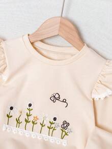 Young Girl' Casual Sweet Floral Embroidery Sweatshirt: Sweet Pink Floral Embroidered Sweatshirt With Ruffle Lace Sleeves, Perfect For Daily Wear, School, And Weekend Outings, Transforms Into A Cute Girl, Autumn/Winter - Apricot - View 3
