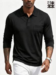 mulinsen Kemeja Polo Lengan Panjang Hitam Pria, Atasan Kasual Musim Semi/Musim Gugur dengan Kerah - Hitam - View 2