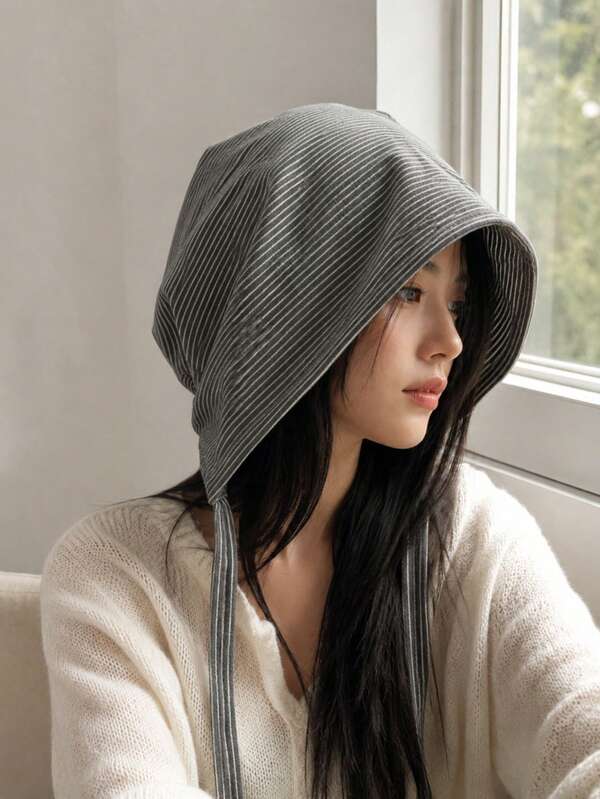 Women's Knitted Earflap Beanie With Ties, Striped Windproof Warm Slouchy Hat, Retro Casual Style, Suitable For Camping And Daily Wear