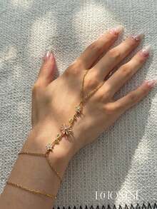 EchoNest 1pc Gold-Colored Stainless Steel Pink & White Flower Green Leaf Finger Chain Bracelet With Zirconia, Vacation Party Finger Chain Decorative Accessory - Yellow Gold - View 1