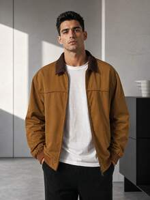 1pc Men's Khaki Lapel Collar Workwear Jacket, Comfortable Woven Fabric, Durable And Fade-Resistant, Versatile Solid Color Outerwear For Daily Commute And Casual Outings - Khaki - View 1