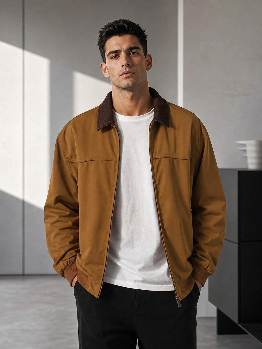 1pc Men's Khaki Lapel Collar Workwear Jacket, Comfortable Woven Fabric, Durable And Fade-Resistant, Versatile Solid Color Outerwear For Daily Commute And Casual Outings - Khaki - View 1