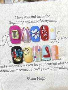 10PCS Square/Round Handmade Press On Nails, Y2K,Suitable For Girls And Women Festivals,Music Festival,Daily Wear,Valentine's Day Gift. - Multicolor - View 4