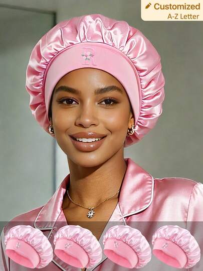 1pc Pink Satin Sleep Cap, A-Z Letter Print Sleep Cap, Customizable, Loose Elastic Satin Sleep Cap, Suitable For Hair Care, Travel, Hair Products, Hair Tools, Hair Accessories, Hairstylists And Hair Supplies