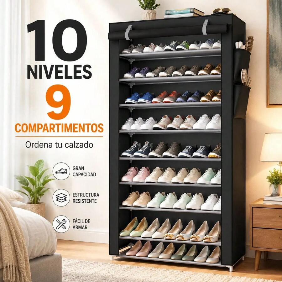Zapatero Vertical Estrecho Cerrado Antipolvo para Entrada| 10 Niveles, 9 Espacios Almacenamiento, Color Negro, Ocupa Mínimo Espacio, Montaje Ligero Sencillo, Ideal para Entradas Pequeñas y Cuartos Alquilados - Ver 1