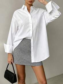 Women's Plus Size White Button-Down Shirt, Turn-Down Collar, Long Sleeve With Rolled Cuffs, Loose Fit, Casual Commute Basic Daily Top - White - View 2