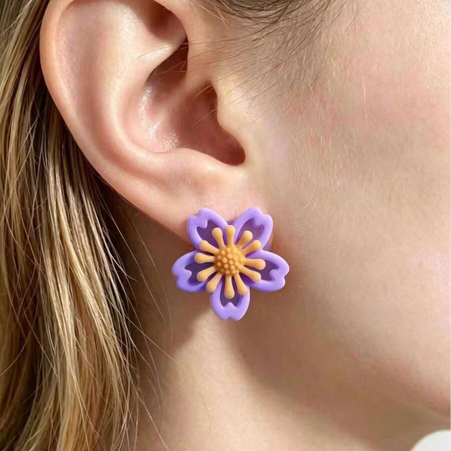 1 Pair Women's Vintage Enamel Flower Stud Earrings, Elegant Evening Double-Layer 3D Flower Accessory, Fashion Jewelry Earring, Autumn Accessory For Women - Multicolor - View 1