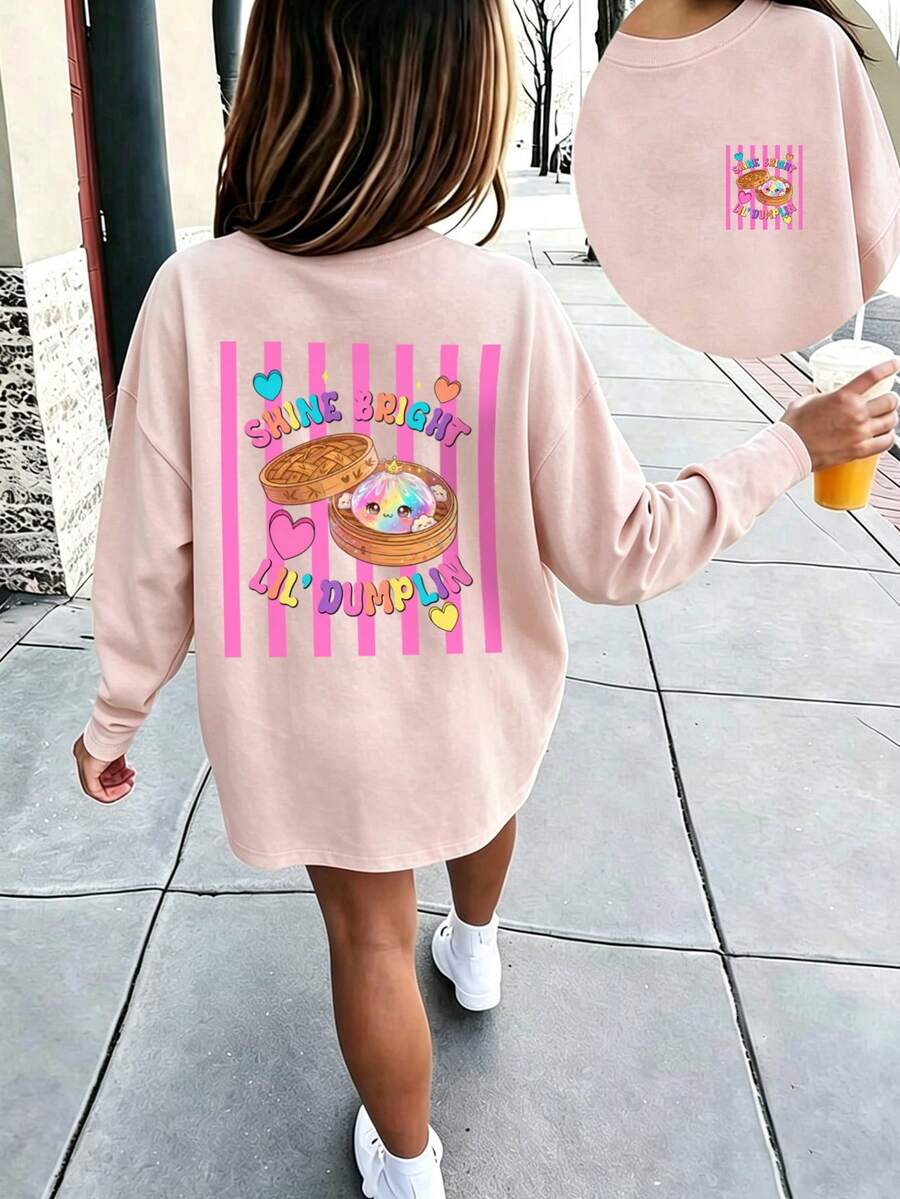 Tween Girls Cute Dumpling Graphic Long Sleeve Tee, "Shine Bright Lil' Dumplin" Letter Print Casual Top - Pink - View 1