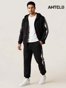 AHTELB Men's Hoodie And Joggers Set, Side Letter Print Design, Thin Elastic Fashion Versatile Sports Outfit, Black - Black - View 1