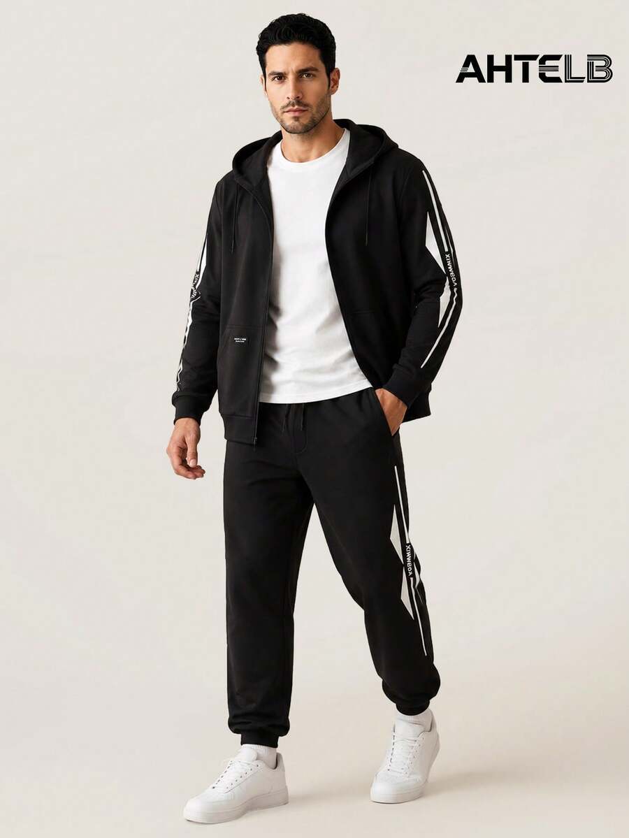AHTELB Men's Hoodie And Joggers Set, Side Letter Print Design, Thin Elastic Fashion Versatile Sports Outfit, Black - Black - View 1