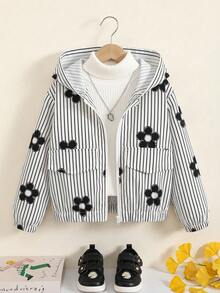 Girls' Casual Fashion Striped & Floral Print Faux Pocket Design Hooded Long Sleeve Zip-Up Jacket, Short Lightweight Jacket For Spring & Autumn - Black and White - View 7