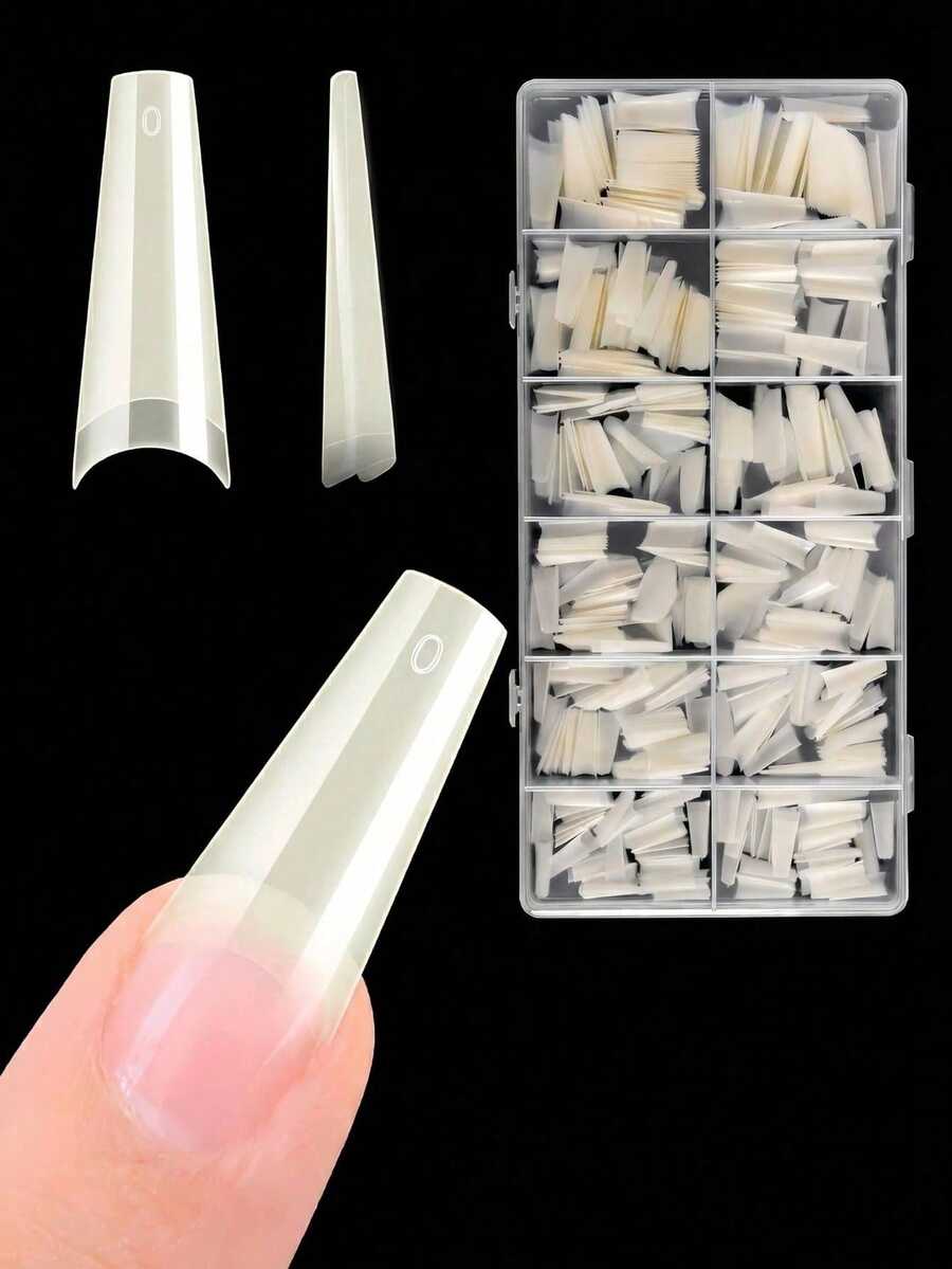1 Box Extra Long Tapered Half Cover Nail Tips, No C-Curve Natural Straight Acrylic Nails - Champagne - View 1