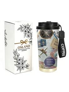 1pc/5pcs 500ml Wanderlust Travel Insulated Coffee Mug With Lanyard Lid, Vintage Collage World Map Compass Airplane Passport And Travel Quotes Print, Stainless Steel Reusable Cup, Suitable For Commuting Outdoor Gift - Multicolor - View 10