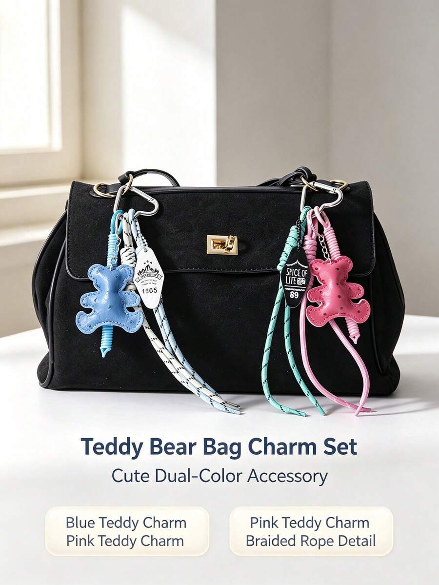 Y2K PU Bear Keychain, Vintage Style Bag Charm, Women's Car Keychain, Maximalist Packaging Decoration. Woven Tassel Bag Charm, Acrylic Tag Accessory, Vintage Sweet & Cool Bag Decoration, Gift For Women, Birthday, Holiday Gift. - Multicolor - View 1