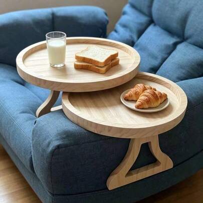 Sofa Armrest Tray | Foldable Round Wooden Sofa Armrest Tray, Sofa Side Table Snack And Beverage Rack Armrest Storage Shelf