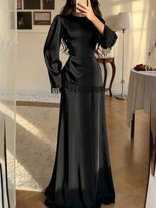 Women's Simple Elegant Tassel Detail Waist-Cinched Dress Black - Black - View 5