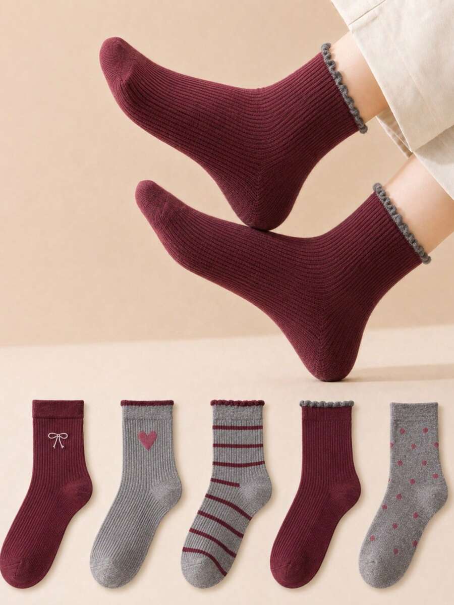 5 Pairs New Angora Red Socks, Unisex, Breathable, Moisture-Wicking, Sports, Highly Attractive, Mid-Calf Socks, Mixed - Multicolor - View 1