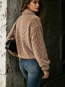 Women's Casual Fleece Half-Zip Pullover, Embossed Embossed Pattern Collar Long Sleeve Warm Jacket, Suitable For Autumn Wear - Khaki - View 2