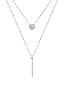 1pc 925 Sterling Silver Double-Layer Necklace, Shiny Round Pendant, Elegant Wedding Jewelry Gift For Women - Silver - View 2