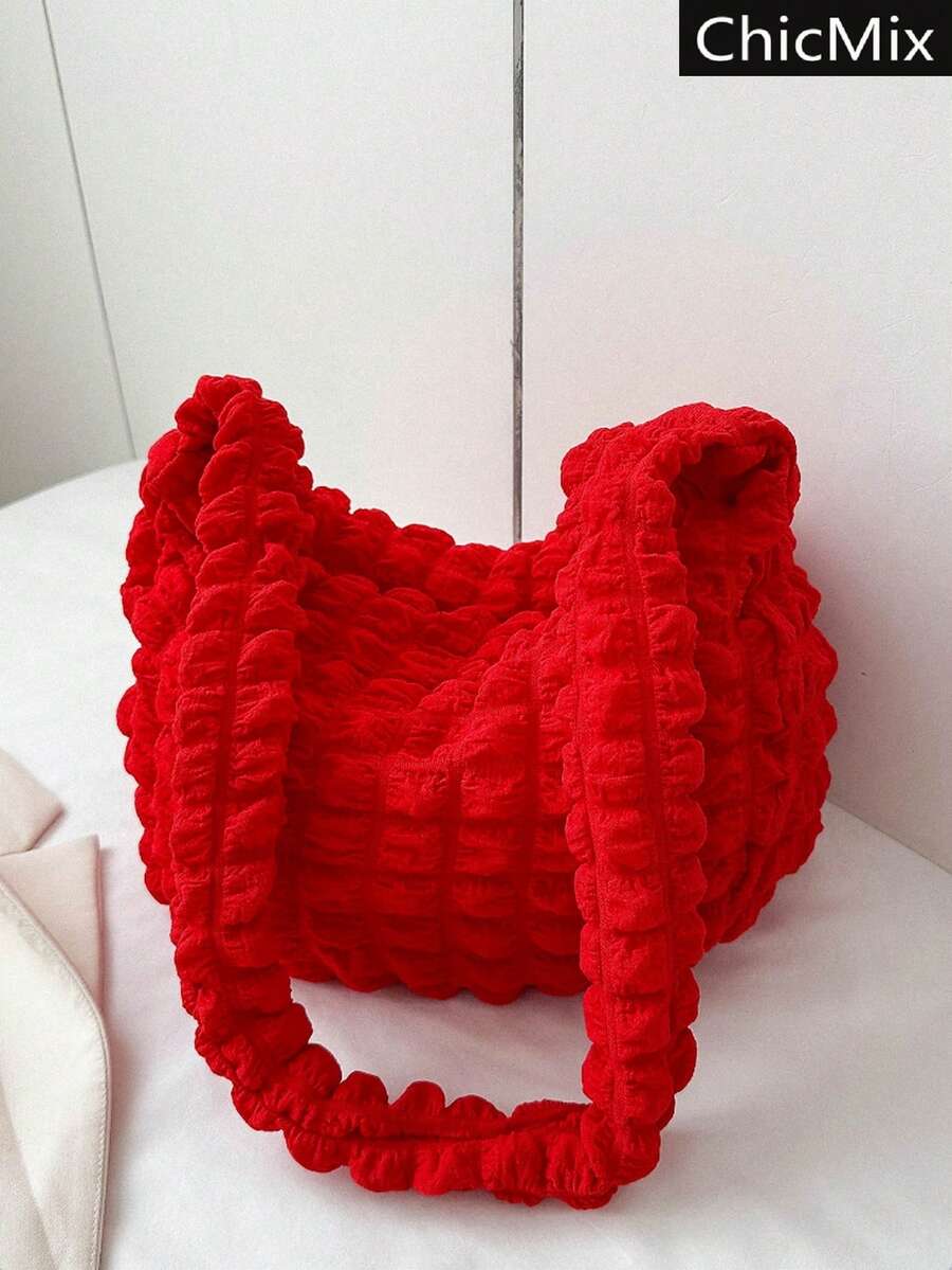 Fashionable Solid Colour Pleated Cloud Shape Shoulder Bag - Red - View 1