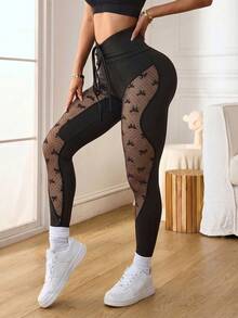 New Plus Size Women's Patchwork Mesh Yoga Leggings, Drawstring Waist Design, Tummy Control Butt Lifting High Elastic Tight Pants, Suitable For Yoga, Outdoor Sports, Daily Wear - Black - View 2