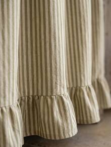 1pc Olive Green & White Fine Striped Table Skirt, Natural Fresh Style Fabric Material, Rectangular Bottom With Ruffle Edge And Pleated Details, Storage Concealment And Decorative Enhancement Function, Suitable For Storage Rack Cover And Pastoral Home Decor Scenes - Green - View 6