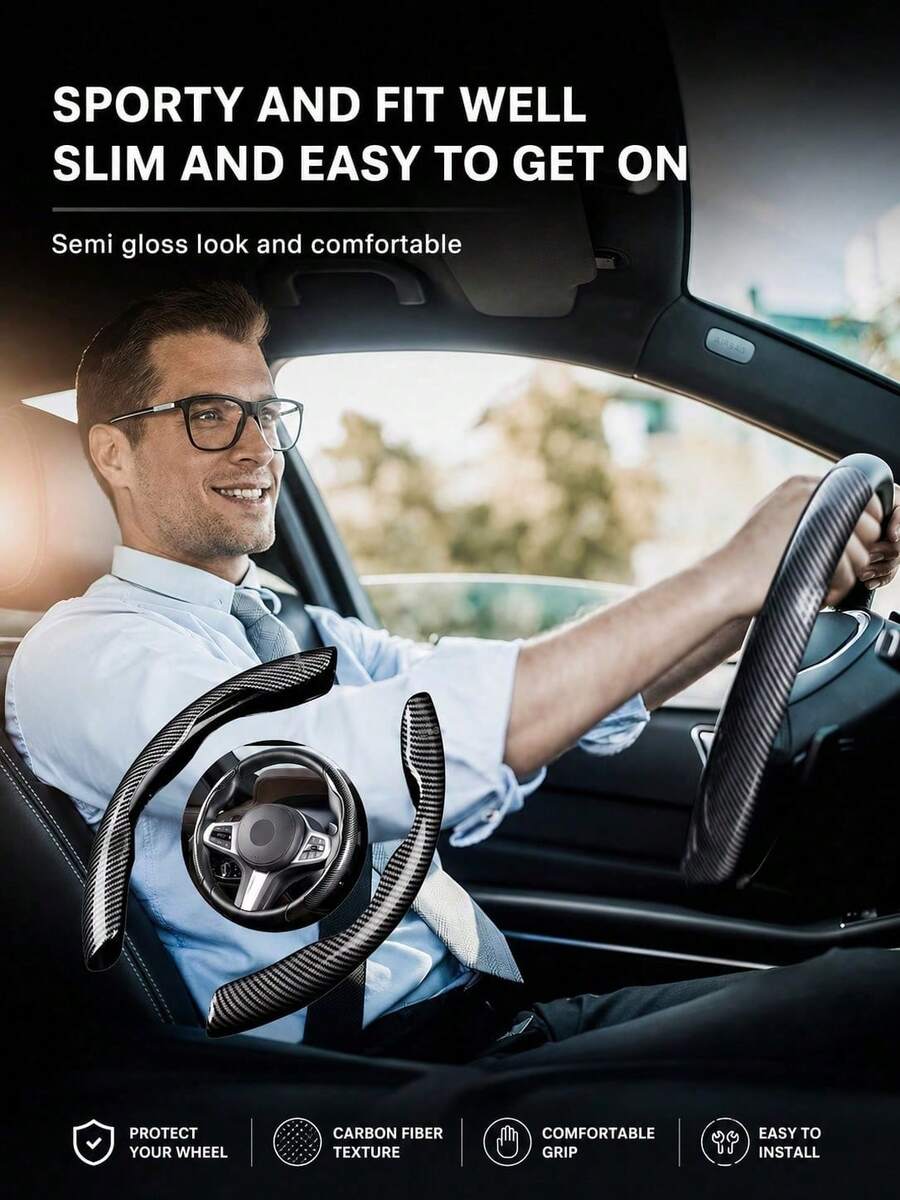 2pcs Carbon Fiber Steering Wheel Cover, Fits Most Car Models, Anti-Slip Steering Wheel Protector, Segmented Durable Carbon Fiber, Easy Installation (No Inner Core)