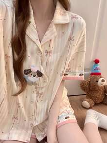 2件組女款睡衣家居服套裝，開襟翻領可愛小狗與蝴蝶結印花短袖時尚休閒短褲，春夏季，易打理面料 - 香檳色 - 查看 1