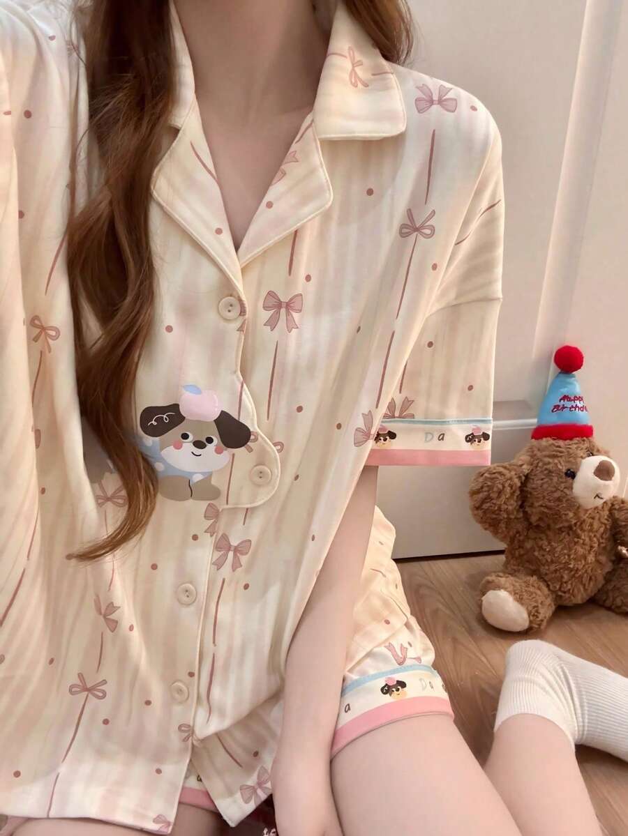 2件組女款睡衣家居服套裝,開襟翻領可愛小狗與蝴蝶結印花短袖時尚休閒短褲,春夏季,易打理面料 - 香檳色 - 查看 1