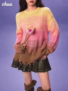 CHUU 女款彩虹漸層針織上衣，秋季刺繡蝴蝶結條紋流蘇鏤空毛衣 - 彩色 - 查看 1