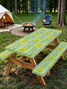3 PiecesPicnic Tablecloth Set With Bench Cover, Elastic Edge Design, Line & Floral Pattern, Fresh Style, Washable Rectangular Tablecloth, Suitable For Weddings, Camping, Picnics, Garden Parties And More, Practical Essential - A - View 2
