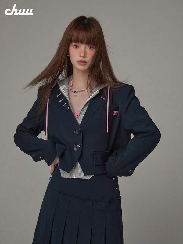 CHUU Blazer de manga larga con un solo botón para mujer, estilo universitario casual y juvenil, holgado, con bloques de color, para otoño