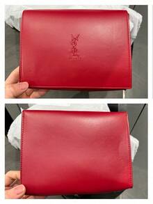 Yves Saint Laurent YSL Red Envelope‑Shape Makeup Pouch, Debossed Embossed Logo Faux Leather Fold‑Over Clutch Portable Travel Cosmetic Storage Bag Women Beauty Gift YSL‑GIFT‑176 - Red - View 6