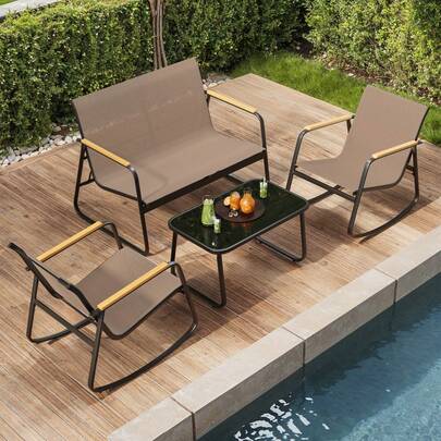Bealife 4-Piece Outdoor Rocking Chair Set With Textilene Fabric & Wooden Armrests | Weather-Resistant Patio Furniture With Loveseat, 2 Chairs, And Glass Coffee Table For Backyard, Balcony, And Poolside